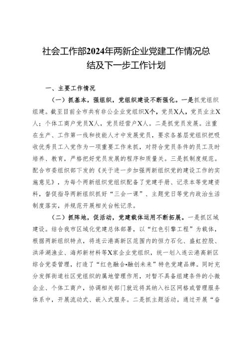 社会工作部2024年两新企业党建工作情况总结及下一步工作计划.docx