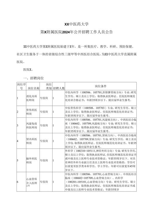 XX中医药大学第X附属医院2024年公开招聘工作人员公告（2024年）.docx