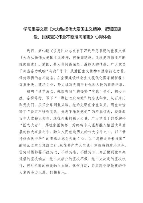 5篇 2024年青年干部学习《大力弘扬伟大爱国主义精神把强国建设、民族复兴伟业不断推向前进》心得体会.docx