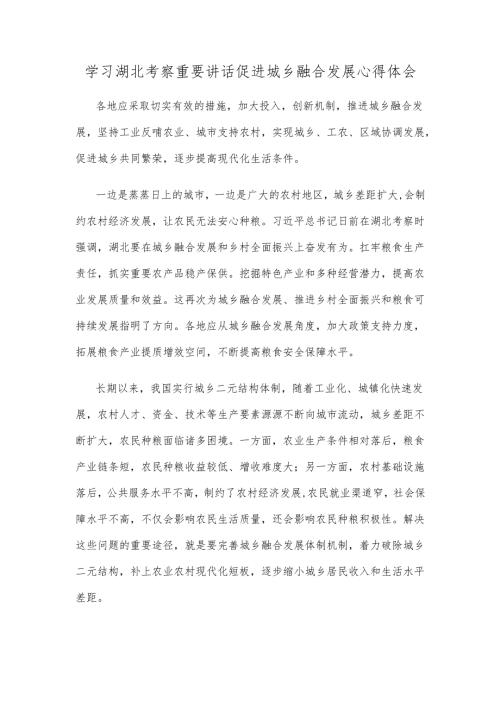 学习湖北考察重要讲话促进城乡融合发展心得体会.docx