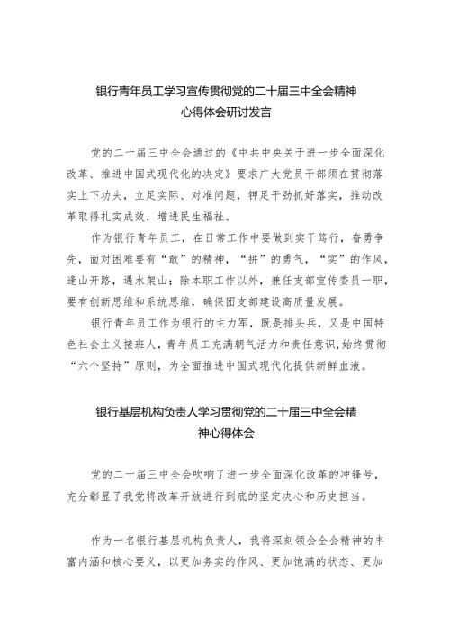 （9篇）银行青年员工学习宣传贯彻党的二十届三中全会精神心得体会研讨发言（最新版）.docx