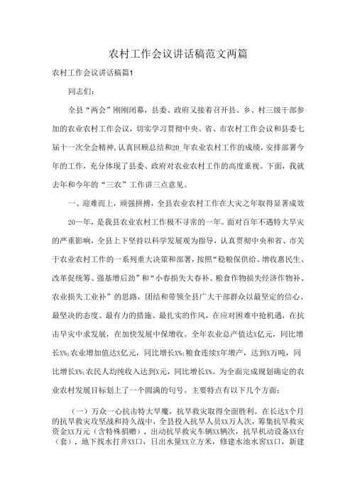 农村工作会议讲话稿范文两篇.docx