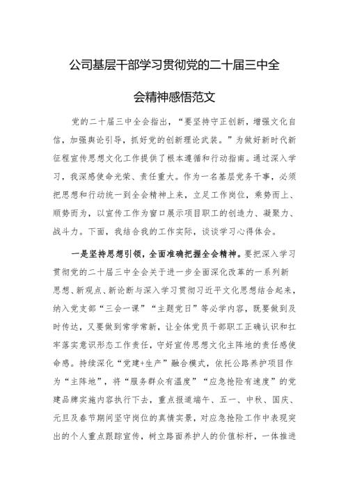 公司基层干部学习贯彻党的二十届三中全会精神感悟范文.docx