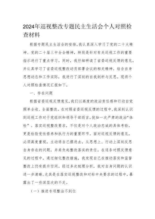 2024年巡视整改专题民主生活会个人对照检查材料.docx