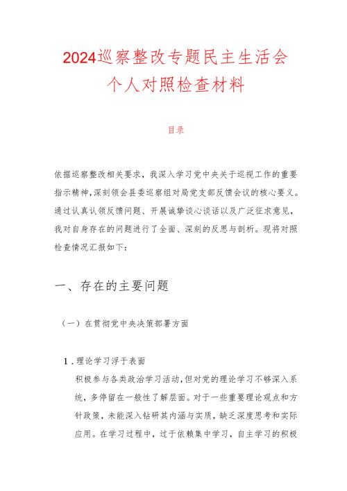 2024 巡察整改专题民主生活会个人对照检查材料.docx