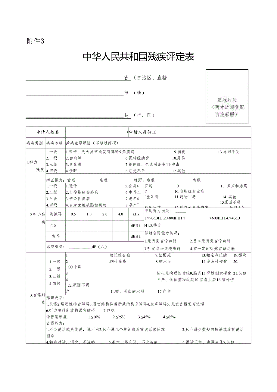 中华人民共和国残疾人证评定表范表.docx_第1页