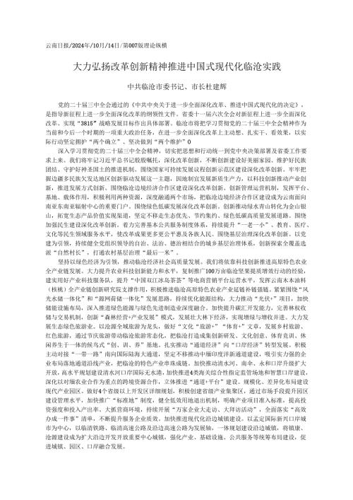 2024.10党的二十届三中全会精神学习心得体会和贯彻落实意见——临沧市委书记杜建辉.docx