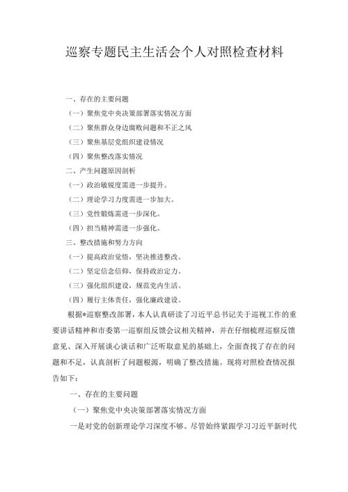 巡察专题民主生活会 个人对照检查材料.docx