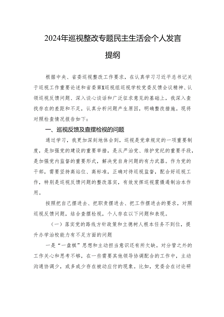 2024年巡视整改专题民主生活会个人发言提纲.docx_第1页