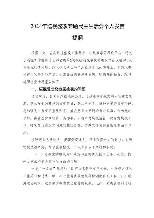 2024年巡视整改专题民主生活会个人发言提纲.docx