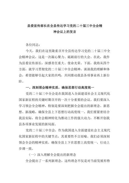 （11篇）县委宣传部长在全县传达学习党的二十届三中全会精神会议上的发言范文.docx