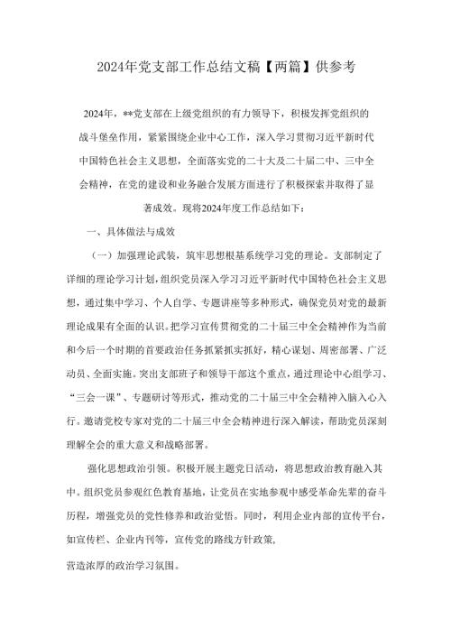 2024年党支部工作总结文稿【两篇】供参考.docx