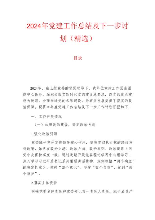 2024 党建工作总结及下一步计划（精选）.docx