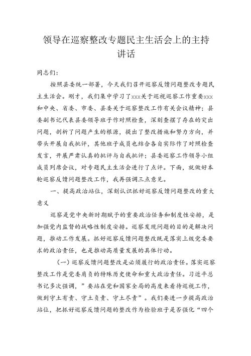 领导在2024年巡察整改专题民主生活会上的主持讲话.docx