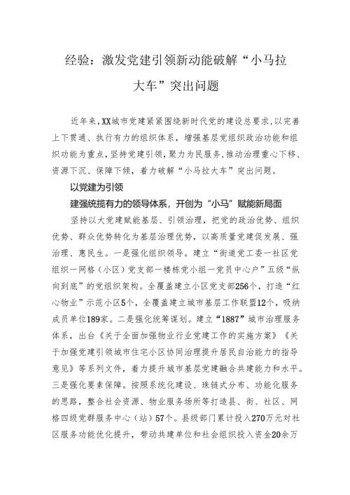 经验：激发党建引领新动能破解“小马拉大车”突出问题.docx