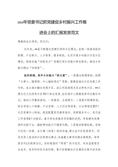 2024年党委书记抓党建促乡村振兴工作推进会上的汇报发言范文.docx