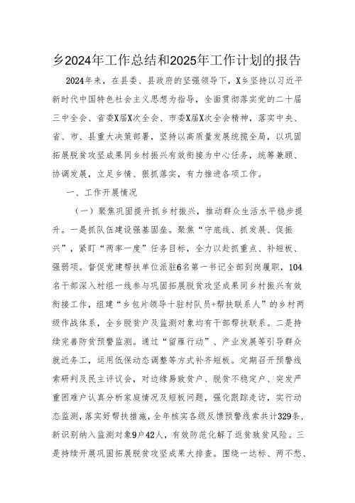 乡2024年工作总结和2025年工作计划的报告.docx