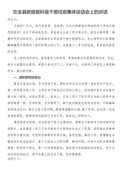 在全县新提拔科级干部任前集体谈话会上的讲话.docx