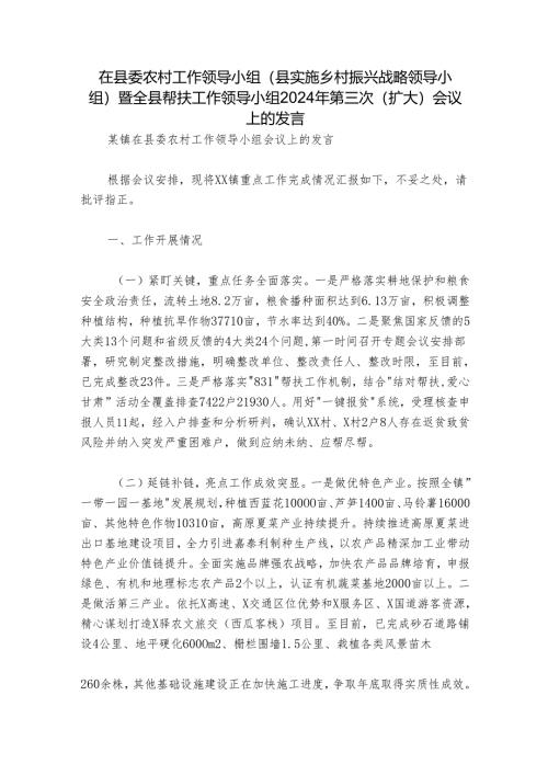 在县委农村工作领导小组（县实施乡村振兴战略领导小组）暨全县帮扶工作领导小组2024年第三次（扩大）会议上的发言.docx