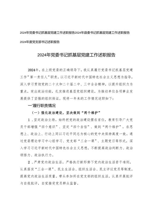 2024年党支部书记、县委书记、党委书记抓基层党建工作述职报告.docx