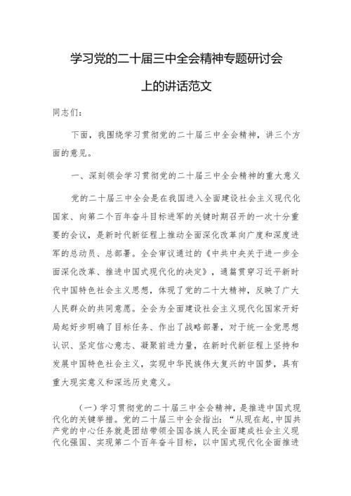 学习党的二十届三中会议精神专题研讨会上的讲话范文.docx