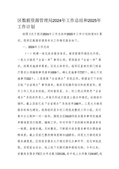 区数据资源管理局2024年工作总结和2025年工作计划.docx