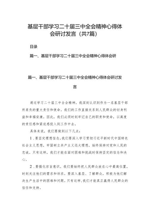 基层干部学习二十届三中全会精神心得体会研讨发言（共7篇）.docx