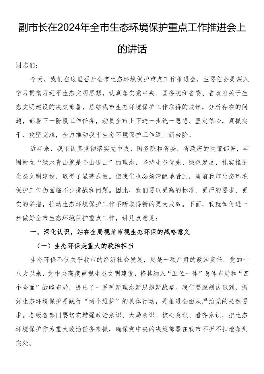 副市长在2024年全市生态环境保护重点工作推进会上的讲话.docx_第1页