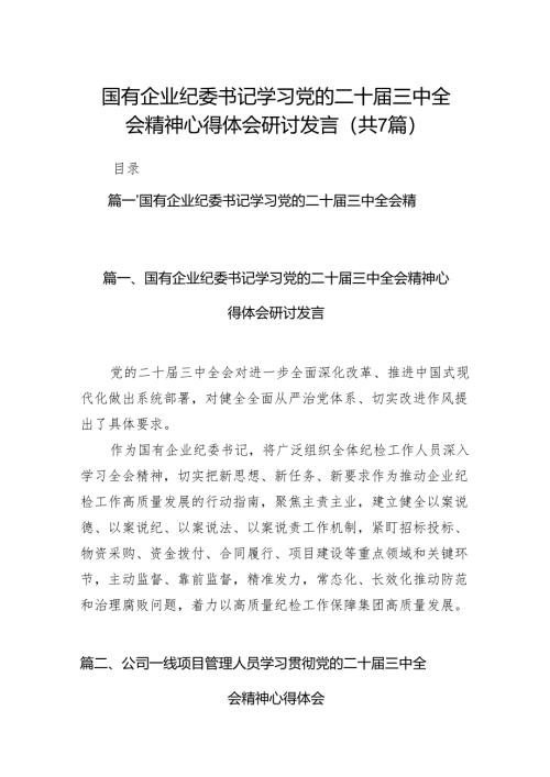 国有企业纪委书记学习党的二十届三中全会精神心得体会研讨发言（共7篇）.docx