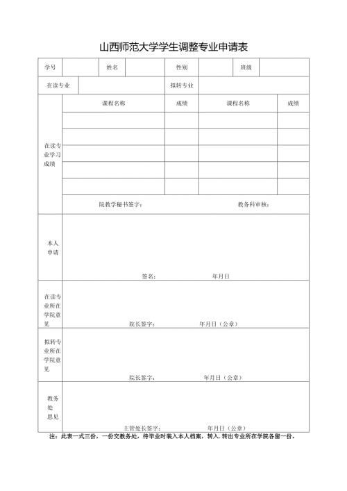 山西师范大学学生调整专业申请表.docx