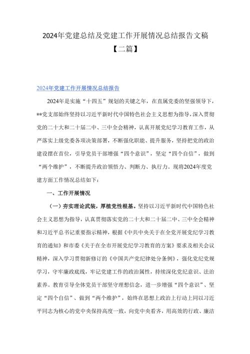 2024年党建总结及党建工作开展情况总结报告文稿【二篇】.docx