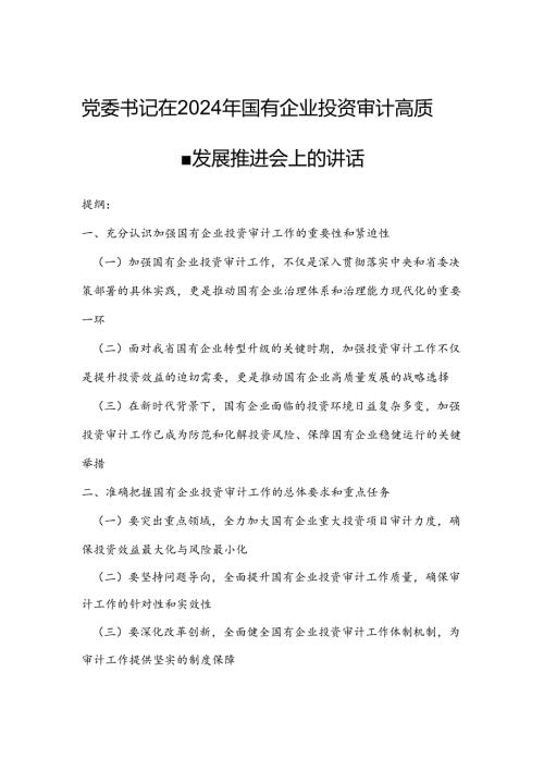 党委书记在2024年国有企业投资审计高质量发展推进会上的讲话.docx