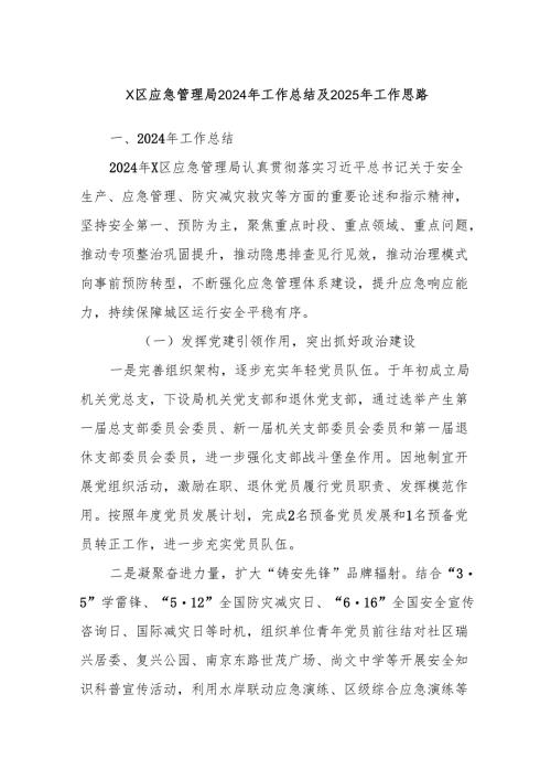 X区应急管理局2024年工作总结及2025年工作思路.docx