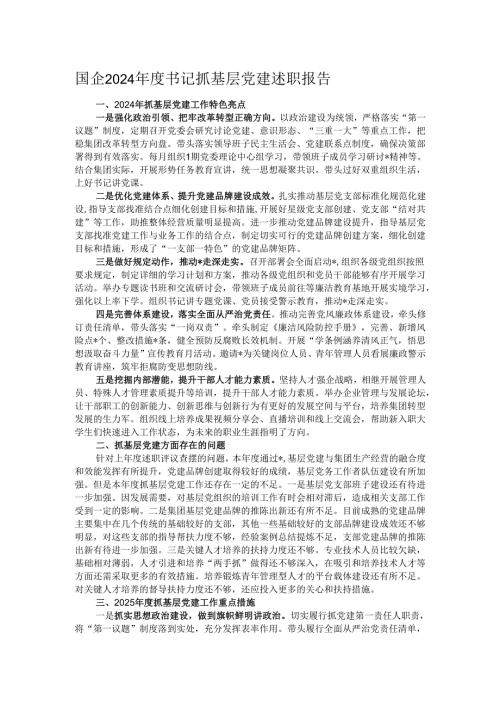 国企2024年度书记抓基层党建述职报告.docx