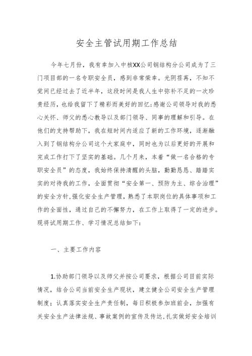 安全主管试用期工作总结.docx