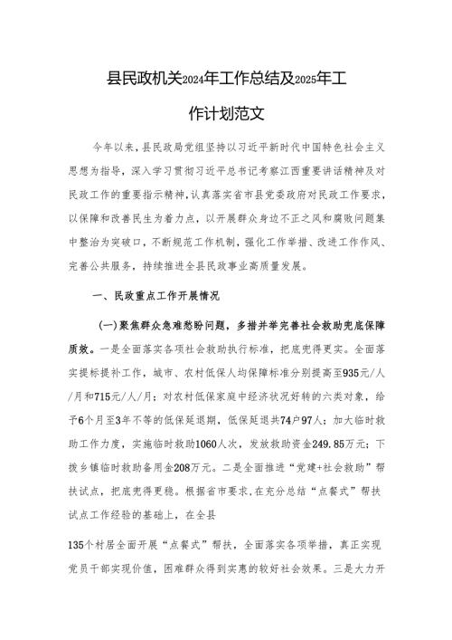 民政机关2024年工作总结及2025年工作计划范文.docx