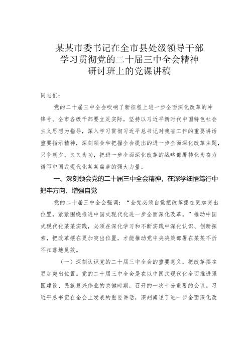 某某市委书记在全市县处级领导干部学习贯彻党的二十届三中全会精神研讨班上的党课讲稿.docx