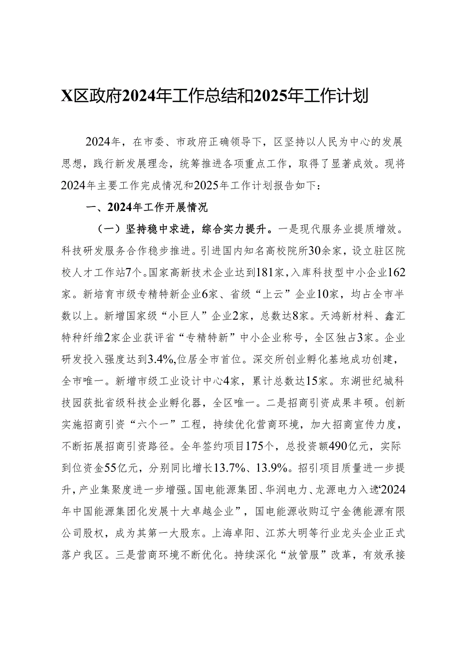 x区政府2024年工作总结和2025年工作计划.docx_第1页
