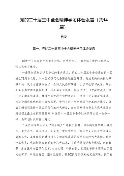 党的二十届三中全会精神学习体会发言14篇（详细版）.docx