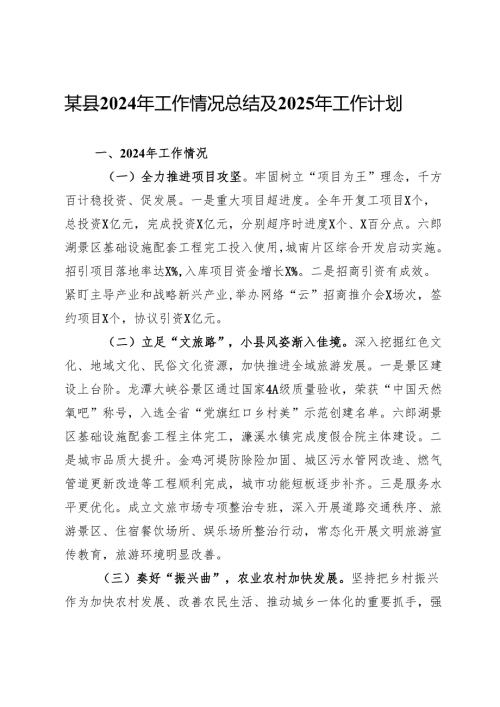 某县2024年工作情况总结及2025年工作计划.docx