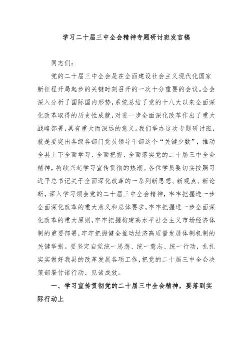 单位开展《学习二十届三中全会精神》专题研讨班发言稿.docx