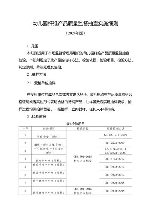 幼儿园纤维产品质量省级监督抽查实施细则.docx