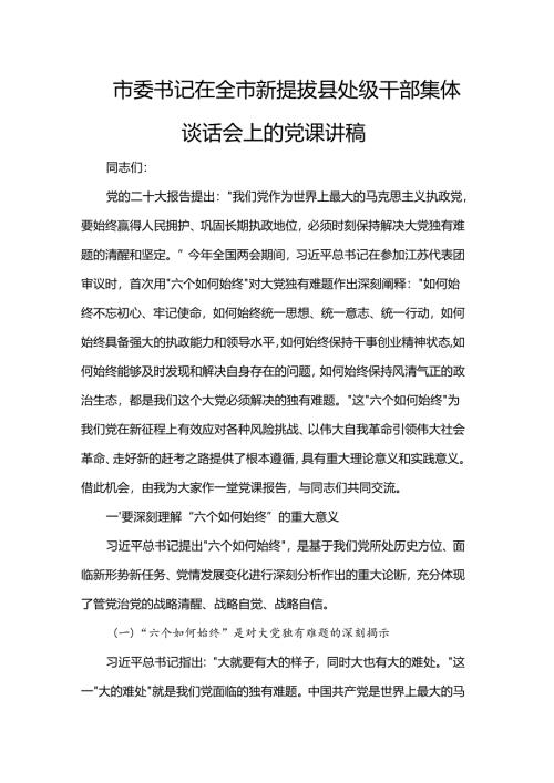 市委书记在全市新提拔县处级干部集体谈话会上的党课讲稿.docx