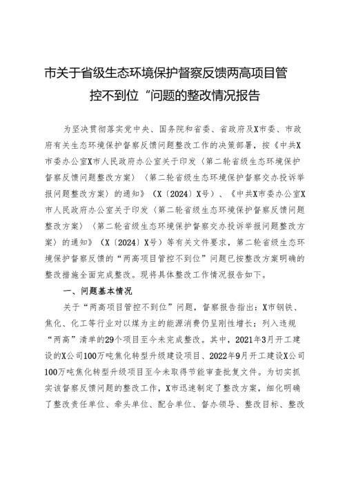 市关于省级生态环境保护督察反馈两高项目管控不到位“问题的整改情况报告.docx