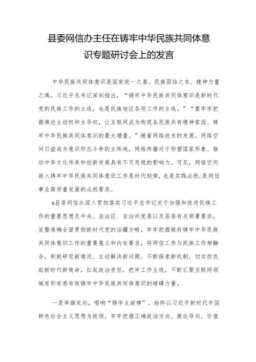 县委网信办主任在铸牢中华民族共同体意识专题研讨会上的发言.docx