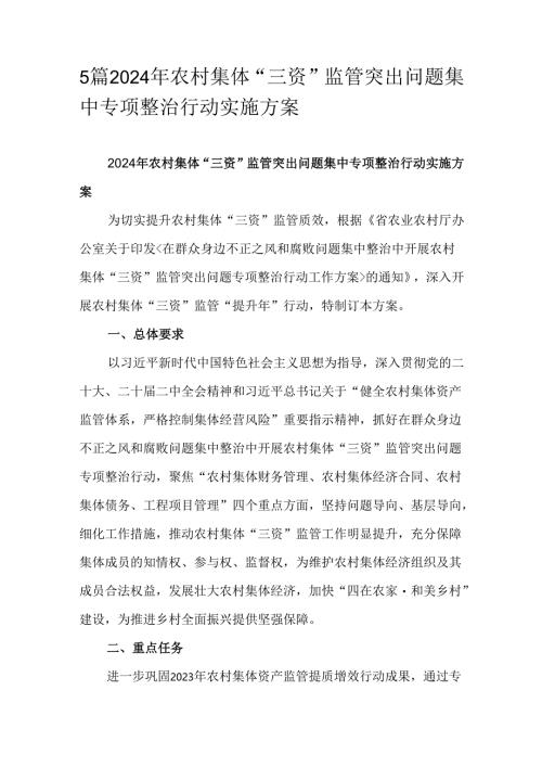 5篇2024年农村集体“三资”监管突出问题集中专项整治行动实施方案.docx