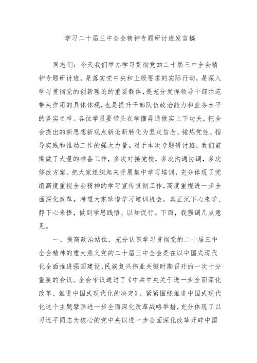 单位开展学习二十届三中全会精神专题研讨班发言稿（3份）.docx