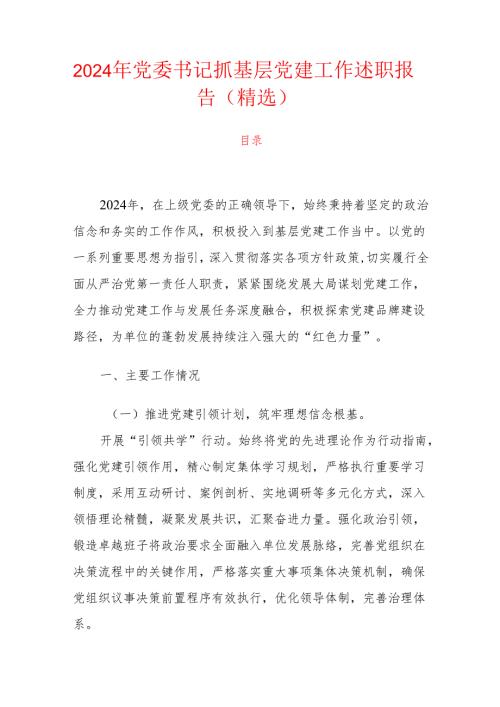 2024 年党委书记抓基层党建工作述职报告（精选）.docx