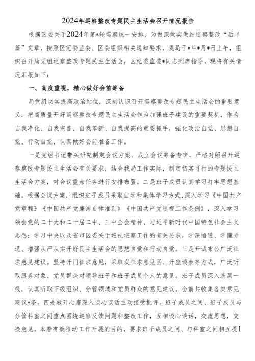 2024年巡察整改专题民主生活会召开情况报告.docx
