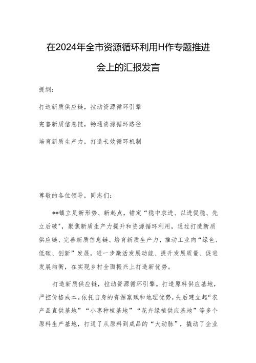 在2024年全市资源循环利用工作专题推进会上的汇报发言.docx